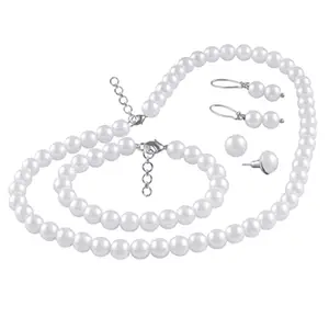 JFL - Jewellery for Less Japanese Cultured 8mm White Round Pearl Necklace Set Moti Mala Pearl Set With Combo Earrings,Bracelet Handcrafted (White),Valentine