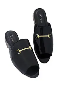 SHUUZ Handmade Designer Women's Stylish Black Formal Shoe/Sandal made of Synthetic Patent Leather with buckle and Comfortable Heel of Ladies and Girls ((numeric_5)