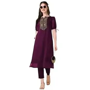 Zarivaah Women’s Straight Kurta set with Embroidered Neck Design | 3/4 Sleeve Ethnic Wear with Side Slits