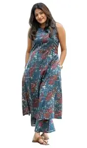 Klosia Women Pure Cotton Kurta Palazzo Set | Sleeveless Printed Kurta with Palazzo Pants | Summer Friendly, Office Wear Co-Ord Sets