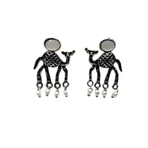 Vintage Camel Design Oxidised Silver Jhumka Earrings with Pearl Danglers, Antique Finish For Girls & Womens