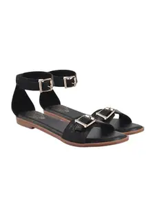 Shoetopia Chic & Comfy Ankle Strap Black Flat Sandals for Everyday Elegance For Women & Girls /EU39