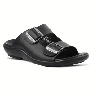 Medifeet Leather Dual Buckle Slide Sandals with Arch Support Midsole For Men's (BLACK, UK Footwear Size System, Adult, Men, Numeric, Medium, 8)