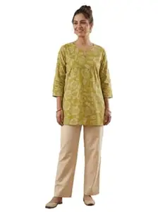 JIVAS COLLECTIVES Women’s Pure Katha Cotton & Cotton Floral Print Kurti | Short Tunic Top for Women | Round V-Neck 3/4 Sleeve Ethnic Kurti for Daily & Casual Wear