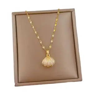 Shell pearl necklace fashion small micro-inset zircon simple collarbone chain.