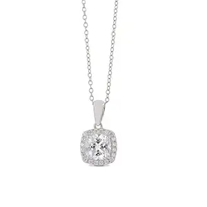 Ornate Jewels 925 Sterling Silver Cushion Cut AAA Grade American Diamond Halo Pendant Necklace with 18 Inch Chain for Women and Girls Jewellery Gifts