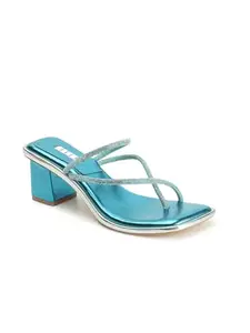 ELLE Women's Slip On Heel Sandals,Colour-Blue, Size-UK 4