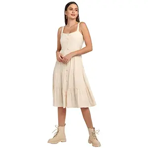 Zink London Off White Solid Women's Tiered Midi Dress
