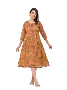LABEL KHOJ Women Stylish Casual Wear Silk Blend Printed Ethnic Dress/Kurta (Multi Color, XL) Multicolour