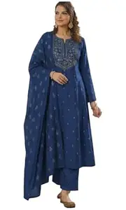 ANNI Designer Women’s Viscose Straight Printed Embroidery Kurta with Pant & Dupatta | Long Sleeve Ethnic Kurta Set for Women | Casual Office, Daily, Party Outfits
