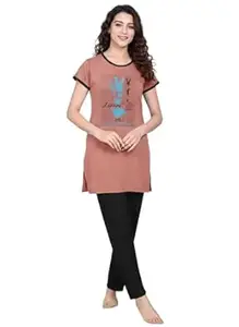 NXTWIN Women’s Nightwear Set | Short Sleeve Long Top with Pajama | Comfortable Cotton Lounge Wear for Women