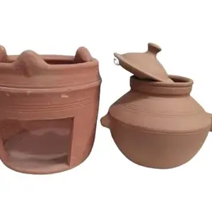 Generic LKC Clay Brown Cooker & Clay Brown Sigadi for Cooking Good Food Like Chicken kadhai, Chicken Handi, dal Fry. Size 20X20X25 cm