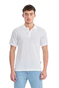 SNITCH Men Polo T-Shirt | Vertical Textured Stripe Ribbed Jacquard Knit Slim Fit | Breathable Polyester Cotton Blend Half Sleeve Button Placket Casual Wear