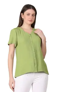 WEAR & VIBE Women Rayon To 100% Viscose Green V Neck Regular Fit Crape Top(In, Alpha, S)