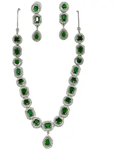 Shahi Pehnawa Emerald Green Necklace Set, Rhodium Plated for Girls and Women