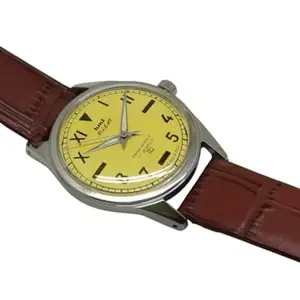 Refurbished Analog Watch for Men with Yellow Dial – Mixed Roman & Standard Numerals – Brown Leather Strap