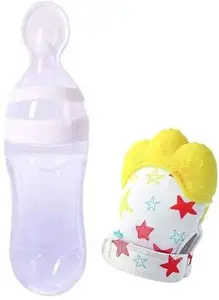 MOM'S PRIDE 90ML Newborn Baby Feeding Bottle | Toddler Silicone Squeeze Feeding Spoon Milk Cereal | Training Feeder and Mitten Glove Silicone Teether | (Set of 2) (White)