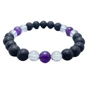 RRJEWELZ Natural Crystal, Amethyst & Black Lava 8mm Round Shape Smooth Cut Beads 7 Inch Stretchable Bracelet For Men & Women. Unisex Bracelet For Healing, Meditation, Prosperity & Luck|STBR_RR_11123_7.0