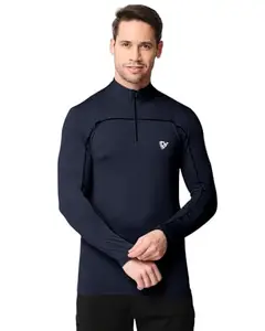 EYEBOGLER Men High Neck Solid Full Sleeve Regular Fit T-Shirt Navy Blue