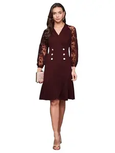 Miss Chase Women's V-Neck Full Sleeves Knee Length Dress (MCAW21D13-28-184-05, Wine, L)