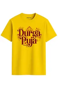 Amazon Brand - Anarva Printed Cotton T-Shirt for Men & Women – Half Sleeve Round Neck Festive Tee for Durga Pooja | Ethnic Traditional Design for Festival Wear (Yellow, XXL)
