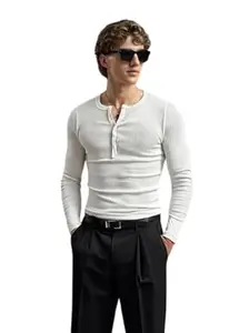 FUGAZEE 100% Cotton Off-White Muscle Fit Ribbed Henley Long Sleeves T-Shirt