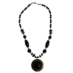 Handmade Black Beaded Necklace with Gold-Tone Pendant – Elegant Ethnic Jewelry for Women & Girls