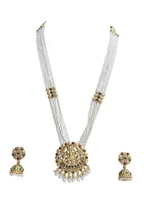 KGR Splash White Pearls Chain With Multicolor Stones Lakshmi Pendant With Flower Jhumka Earrings