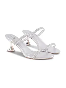 Froh Feet Women's Kitten Heels Sandals Rhinestone Open Round Toe Slip On with Two Strappy Strap Dressy Sparkly Heel Bridal Shoes Wedding Party Heel - Silver