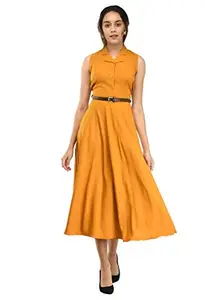 RUDRAKRITI Women's Yellow Crepe Solid Stylish with Belt Dress