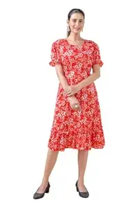 anvida Women’s Floral Printed Knee-Length Dress | Soft Fabric | Puff Sleeve Round Neck Casual Dress for Girls & Women