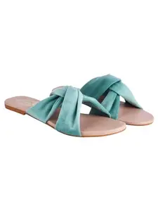 Shoetopia Girls Green Flat Slide Sandals – Soft Suede Knot Strap Casual Summer Slip-Ons for Everyday Comfort Stylish, |Footwear Lightweight| Durable Design Perfect for Casual Outings Women EU40