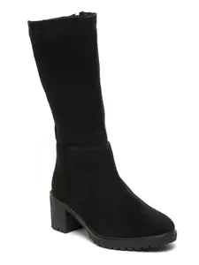 Bruno Manetti Women's Black Suede Slipon with Side Zipper new TPR Sole Round Toe Calf Length Comfort HighTop Block Heel Boots