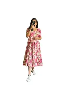 Women's Tiered Midi Dress, Floral Print, Short Sleeves, Cotton Blend