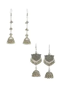 Oxidised Silver Jhumka Dangle Earrings, Traditional Antique Design, Metal Ball Chain, Fish Hook Closure