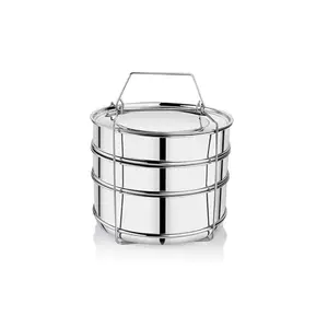 Embassy Stainless Steel Cooker Separator | Suitable for 10 litres Prestige Deluxe Plus Outer Lid Pressure Cookers | 3 Containers with Lifter | Dimension - 21x21x16 cm
