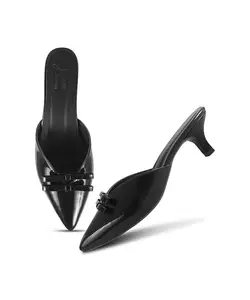 JM LOOKS Women’s Kitten Heel Bow Detail Pointed Toe Mules – 2-Inch Slip-On Dress Shoes for Wedding Party Prom Date - Black