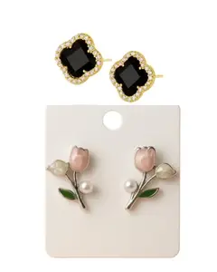 Elegant Floral & Black Crystal Stud Earrings | 2 Pack | Gold-tone, Lightweight Stud Earrings for Girls
