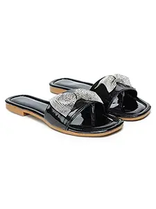 HASTEN Slip on Casual Flat Sandals for Women's.Girls (Black, numeric_4)