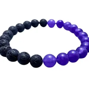 RRJEWELZ Natural Blue Jade & Black Lava 8mm Round Shape Smooth Cut Beads 6.5 Inch Stretchable Bracelet For Men & Women. Unisex Bracelet For Healing, Meditation, Prosperity, Gift & Luck|STBR_RR_10737_6.5