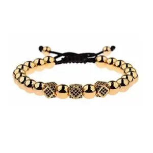 EDMIRIA 8mm Natural Hematite Bead Bracelet for Anxiety Relief CZ Polygon Micro Pave Beads Luxury Charm Fashion Handmade Elastic Stretchable Bracelets for Women Men Girls Gifts (Gold Hematite)