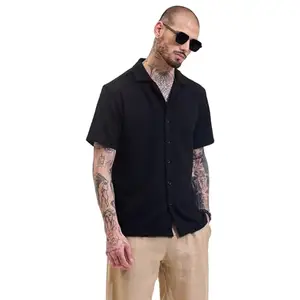 Snitch Black Textured Half Sleeve Cuban Collared Box Fit Shirts