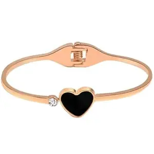 Bigwheels Rose-Gold Color 6.5cm Diameter Diamond/Nug Studded Stainless Steel Adjustable Openable Lock Free Friendship Wrist Band Hand Cuff 3D Black Heart Stone Shape Kada Bangle Bracelet For Girl's & Women's