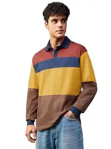 The Souled Store: Pollen Men and Boys Long Sleeve Spread Collar Mustard Navy Brown Colour-Block Cotton Oversized Breathable Durable Lightweight All-Season Polos