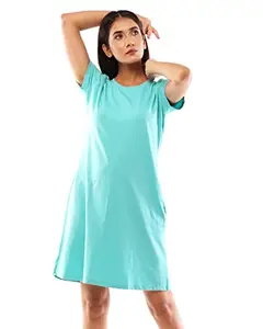 Lappen Fashion Women's Knee Length Tee Dress | Long T-Shirt for Girls | Nightwear | Regular Slim Fit Plain Cotton | Round Neck Half Sleeve Ultra Soft Tshirts (Small, Light Blue)