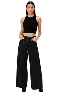 THIRD QUADRANT Women’s Black Wide-Leg Jeans | High-Rise | Panel Stitch Detailing | Trendy Casual Wear