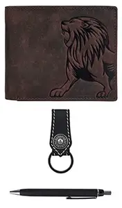 URBAN FOREST Leo Vintage Brown Leather Wallet + Black Pen + Keychain Combo Gift Set for Men