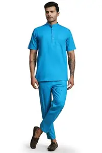 Amazon Brand - Anarva Men's Cotton 2 Piece Outfit Casual Short Sleeve Crew Neck Button Down Shirt Beach Summer Loose Pant Sets (Turquoise,X-Large)