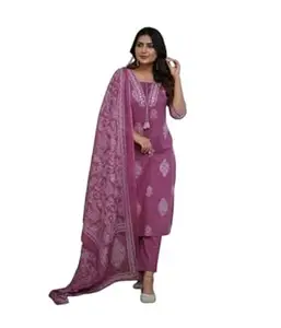 Gulmohar Enterprises Women's Cotton Printed Straight Kurti with pant and Dupatta Set