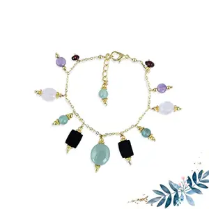 Pearlz Gallery Aventurine, Rose Quartz, Amethyst, Garnet And Black Agate Beads 7 Inches Bracelet For Girls & Women